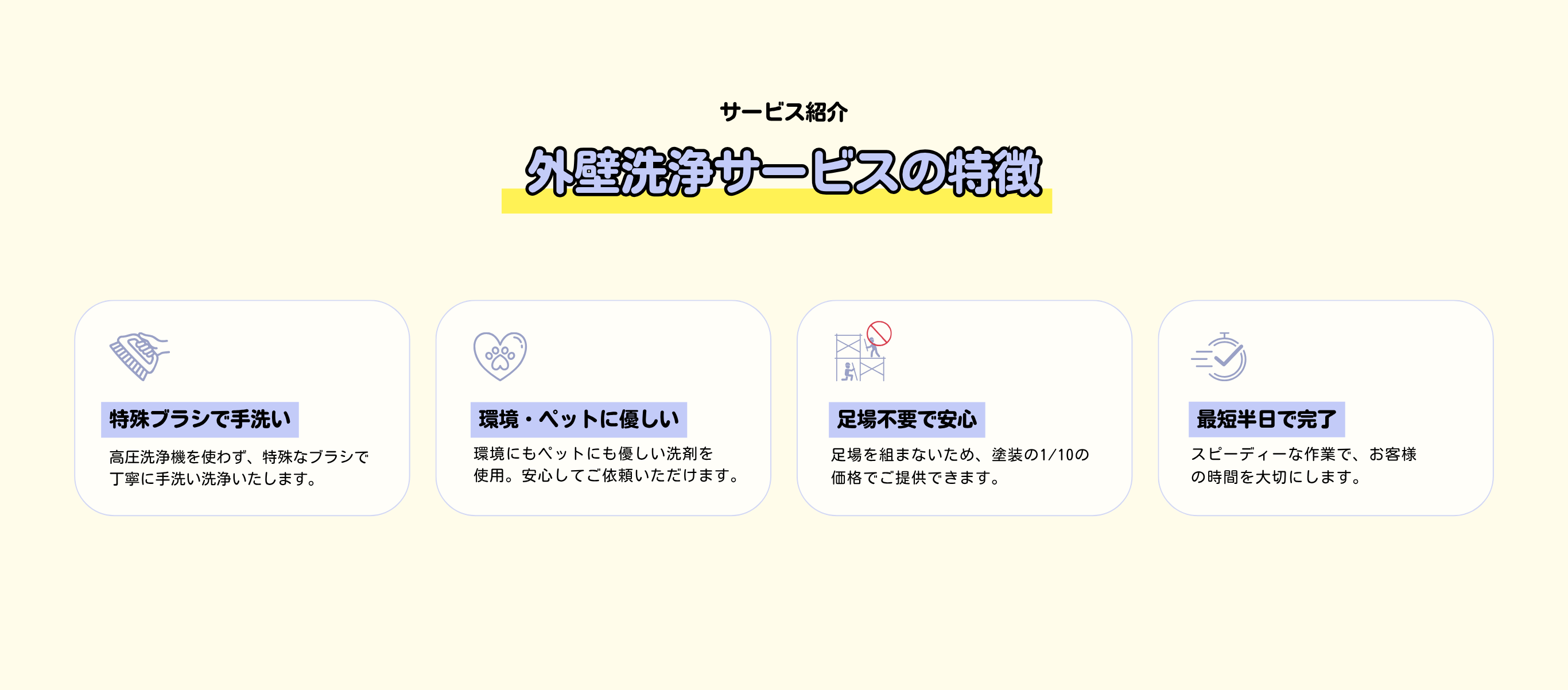 外壁洗浄サービスの特徴
特殊ブラシで手洗い
高圧洗浄機を使わず、特殊なブラシで丁寧に手洗い洗浄いたします。
環境・ペットに優しい
環境にもペットにも優しい洗剤を
使用。安心してご依頼いただけます。
足場不要で安心
足場を組まないため、塗装の1/10の価格でご提供できます。
最短半日で完了
スピーディーな作業で、お客様の時間を大切にします。